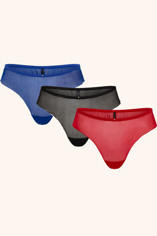Coquette Silk Panties 3 Pack in Royal Blue, Black and Red
