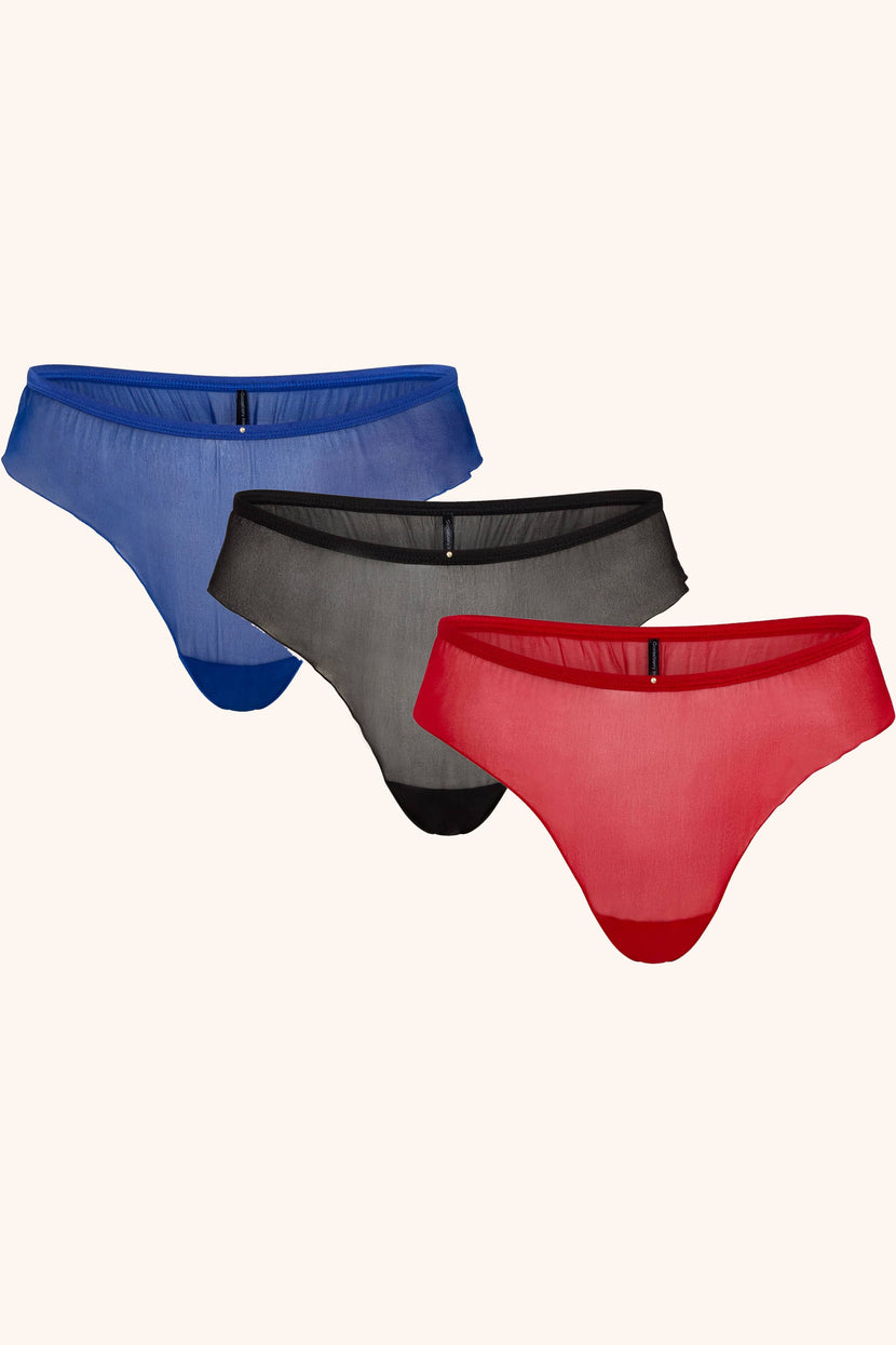 Coquette Silk Panties 3 Pack in Royal Blue, Black and Red
