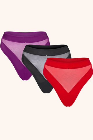 Dolce High Waist Thong 3 Pack in Plum, Black and Red