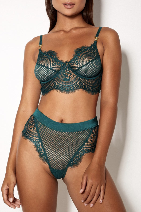 Playful Promises Fenella Lace and Net High Waist Knickers, Aqua